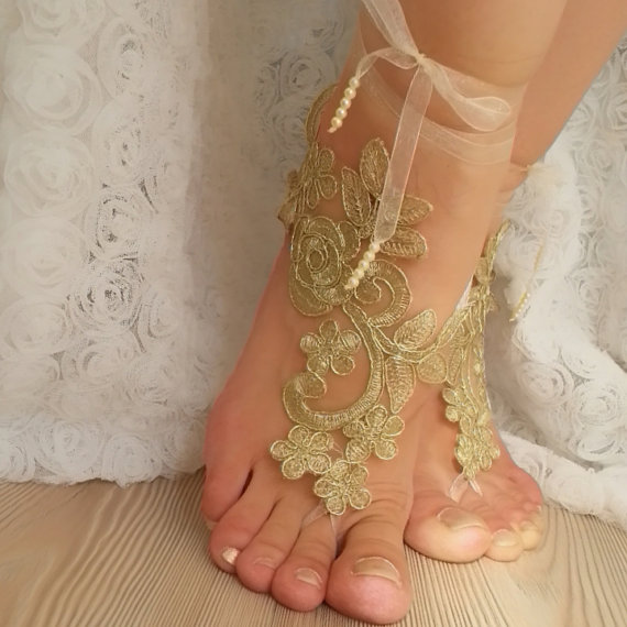 Hochzeit - Free Ship --- bridal anklet, gold embrodeired, Beach wedding barefoot sandals, bangle, wedding anklet, anklet, bridal, wedding, sexy boho