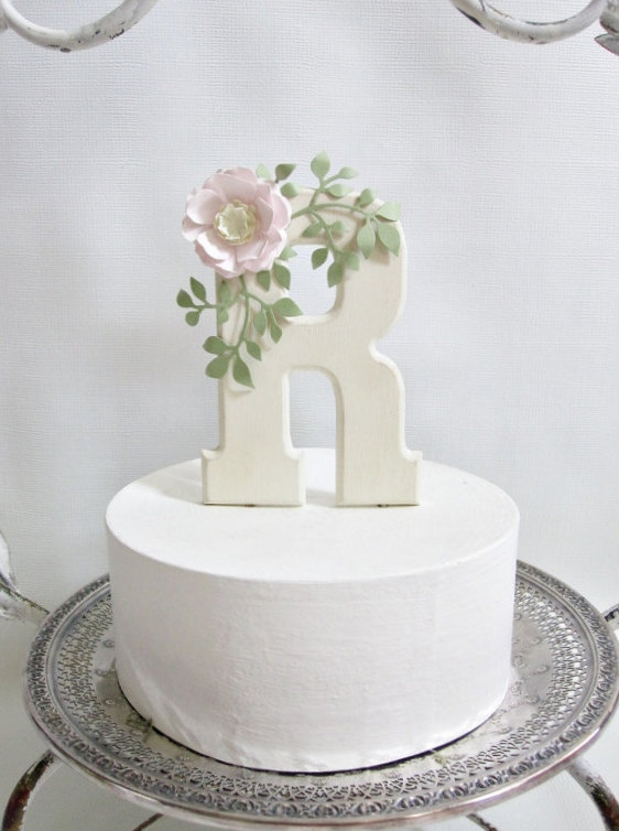 زفاف - Monogram Cake Topper with Handmade Paper Flower