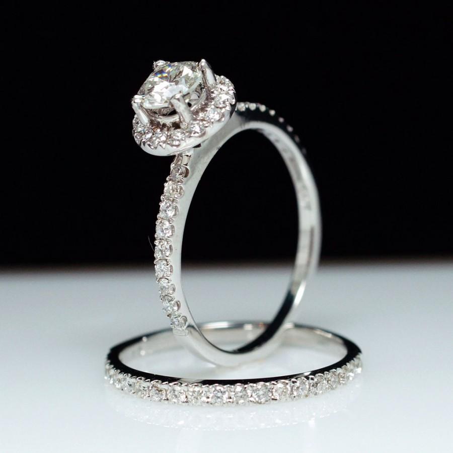 Hochzeit - SALE- Diamond Solitaire Halo .86ct Engagement Ring - 14k White Gold - Size 6 - (Complete Bridal Wedding Set)