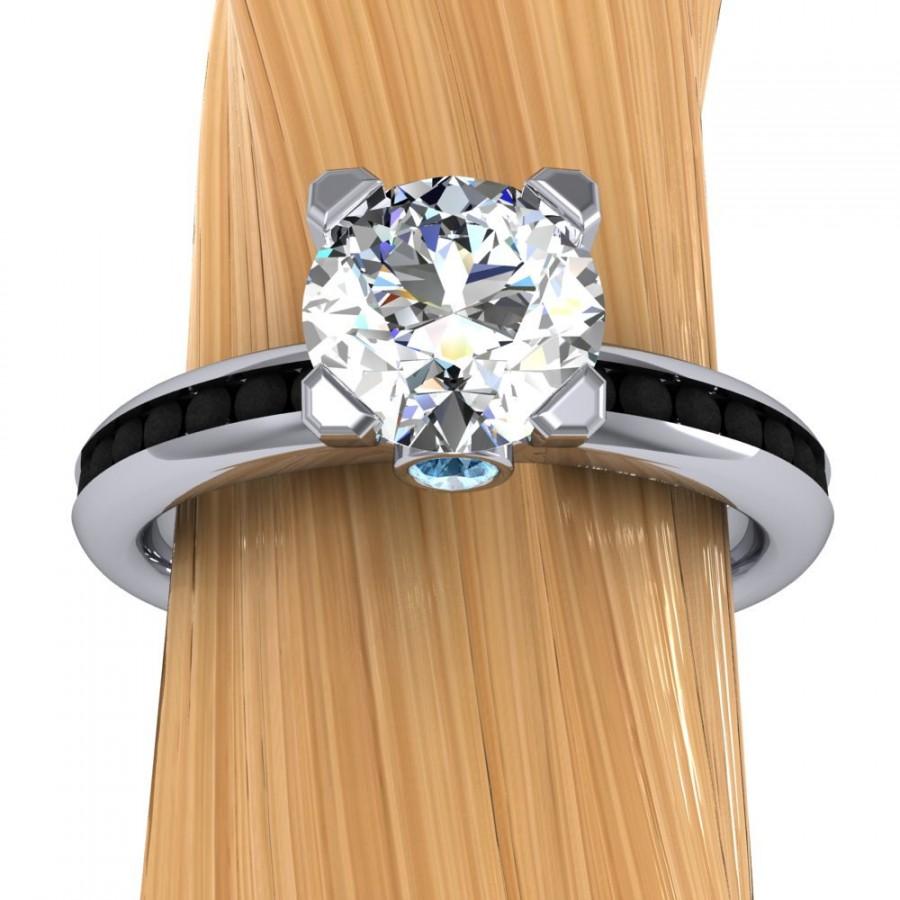Wedding - Platinum Diamond Solitaire Engagement Ring, 1.1 Carat, Black Diamond Channel Band and Blue Diamond Accent