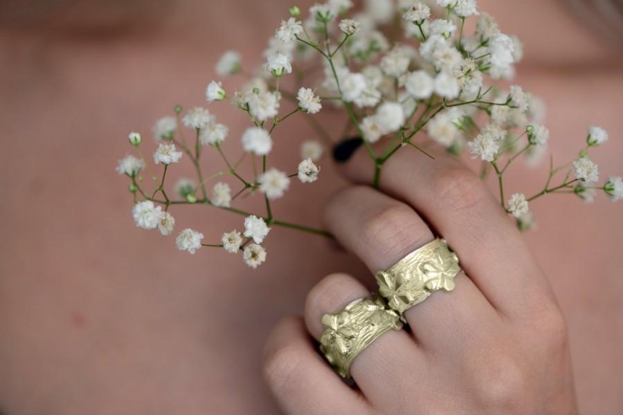Wedding - Floral Gold Wedding Ring , Wide Flower Pattern Wedding Ring , 14k Gold Wide Wedding Band , Romantic Woman Wedding Ring