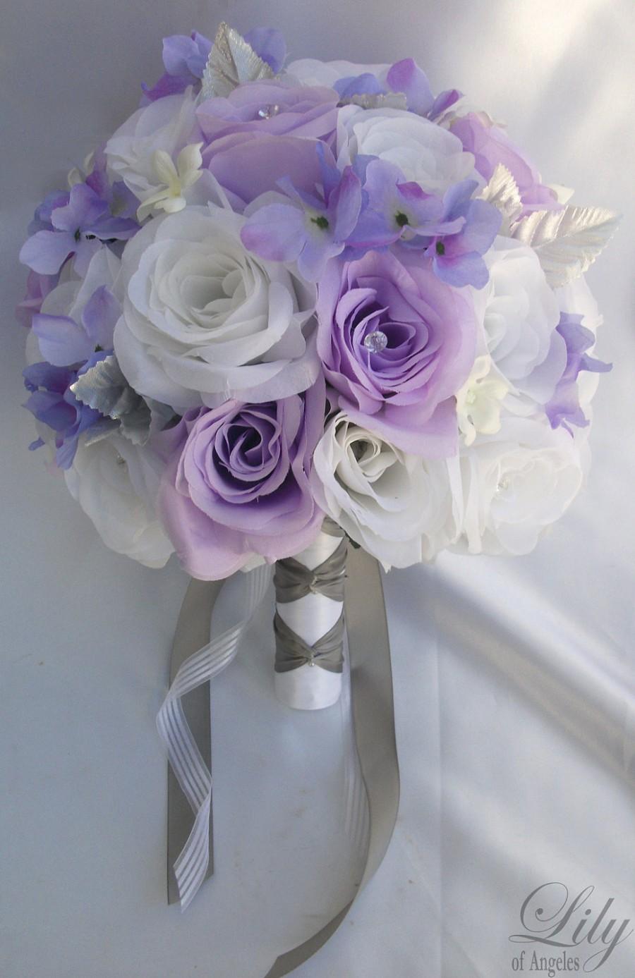 Mariage - 17 Piece Package Wedding Bridal Bride Maid Of Honor Bridesmaid Bouquet Boutonniere Corsage Silk Flower WHITE LAVENDER "Lily Of Angeles"