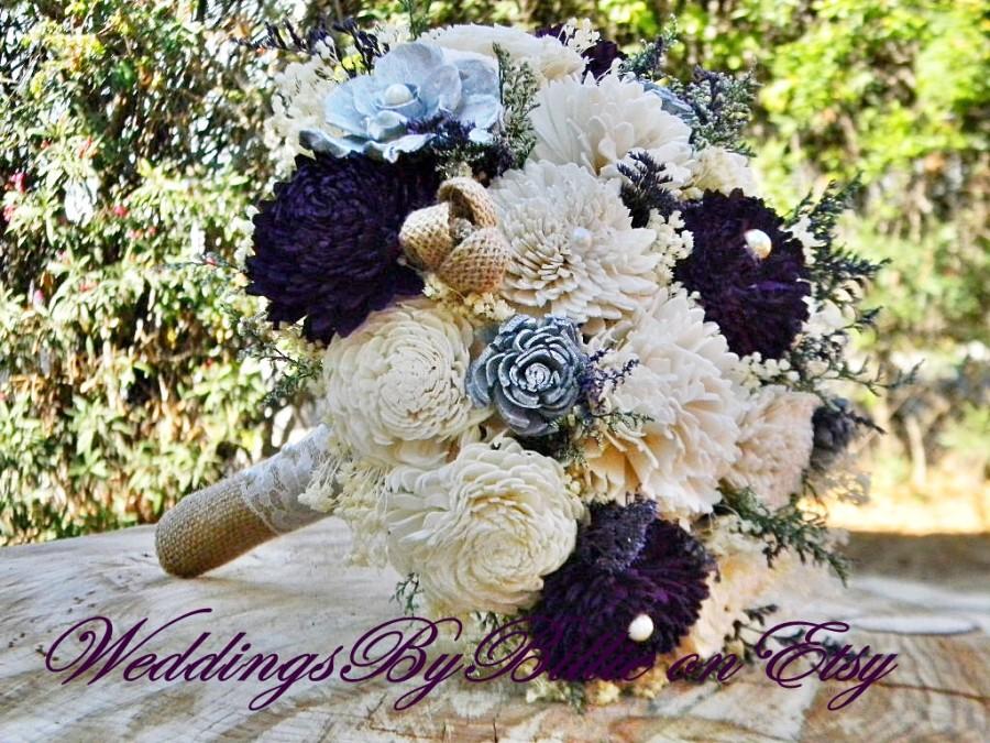 Wedding - Fall Bouquets, Burlap Lace, Plum Sola Bouquet,Purple Bouquet,Alternative BouquetRustic Shabby Chic ,Bridal Accessories,Keepsake Bouquet Sola