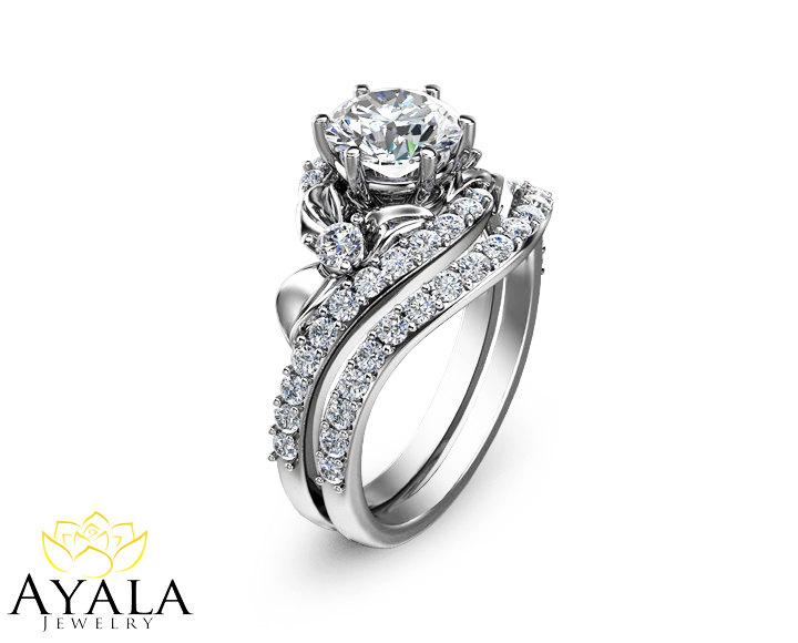 Wedding - Bridal Set 14K White Gold Diamond Ring,Designer Engagement ring,Leaf Ring,Matching Wedding Rings,Promise Rings,Uniqe Engagement Ring.