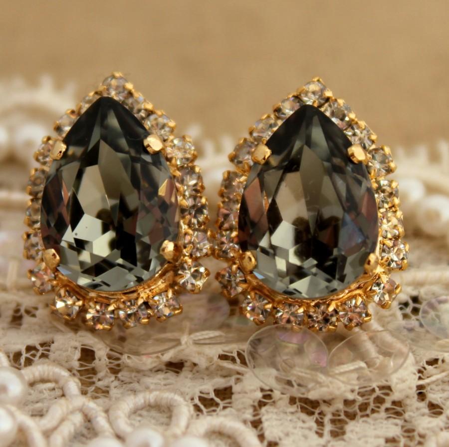 زفاف - Gray Stud Earrings,Black Diamond Earrings,Swarovski Dark Gray Earrings,Gray Teardrop Earrings,Bridesmaids Earrings,Bridal Gray Earrings
