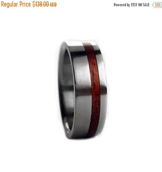 Wedding - Holiday Sale 10% Off Titanium Wood Ring w Offset Bloodwood Pinstripe Band - For Women and  Men, Ring Armor Included