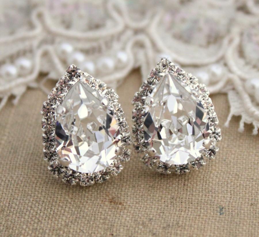 Wedding - Silver Bridal wedding earrings Drop Swarovski Crystal earrings teardrop stud earring , bridesmaids earrings-silver plated genuine crystals