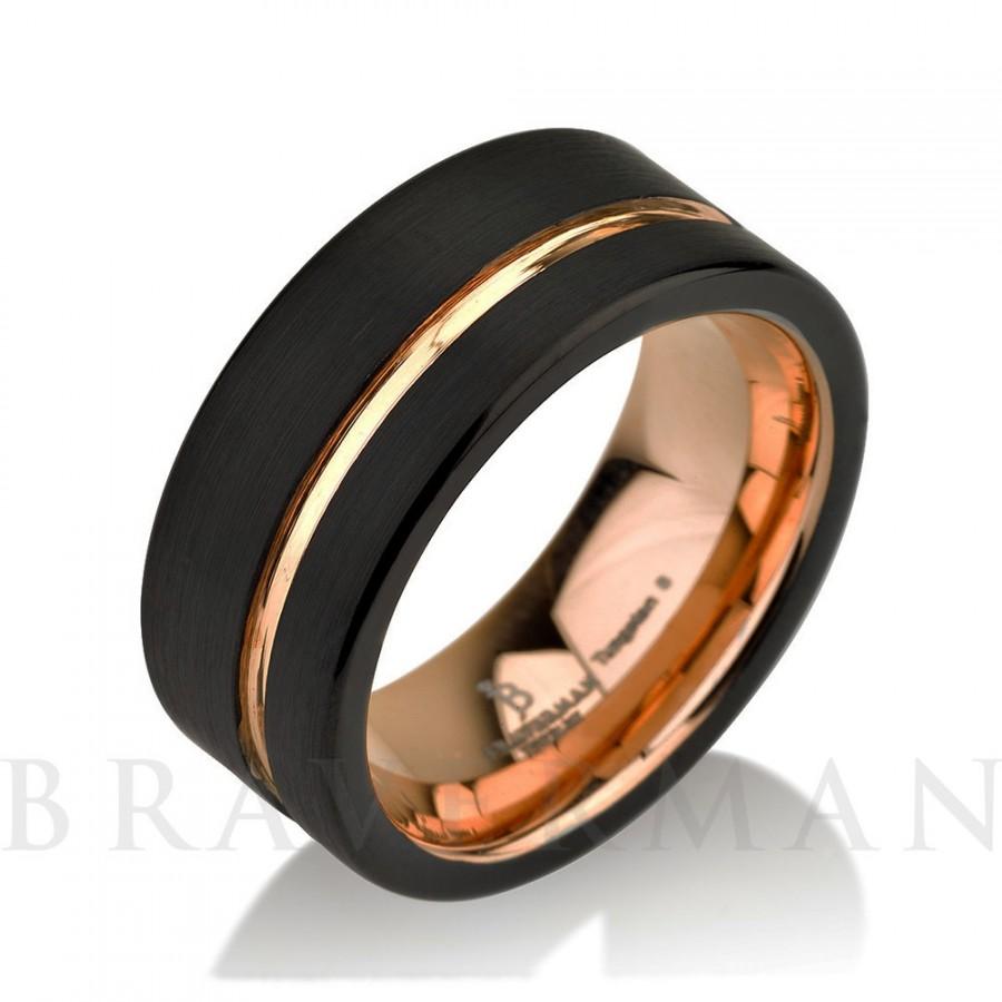 Свадьба - Black Tungsten Ring Rose Gold Wedding Band Ring Tungsten 9mm 18K Tungsten Ring Man Band Male Women Rose Gold Ring