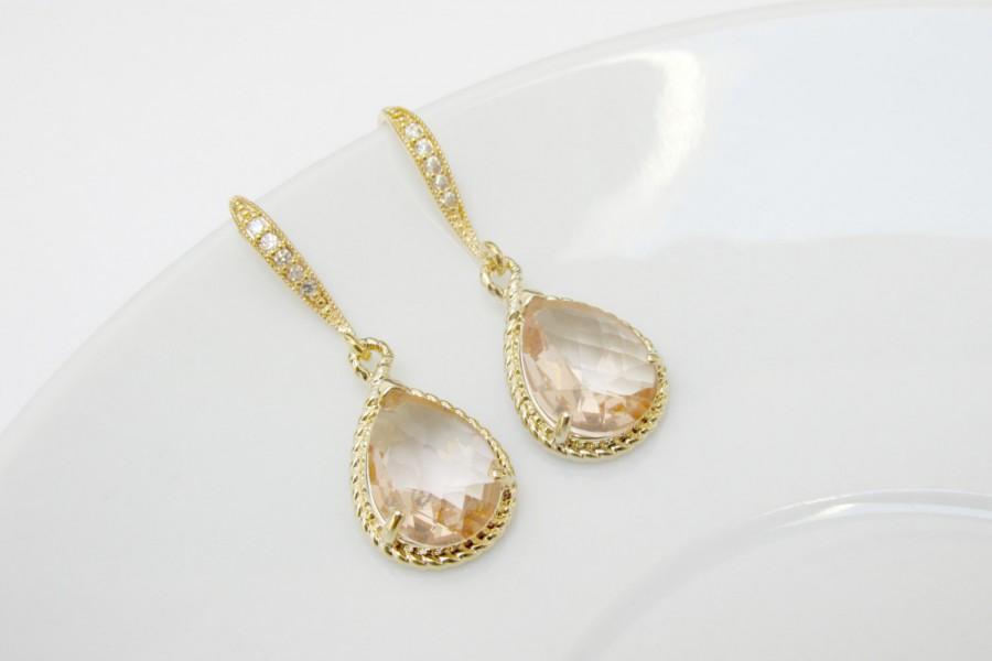 Hochzeit - blush pink earrings , gold blush earrings , golden peach earrings , zirconia blush earrings , blush wedding jewelry , champagne earrings