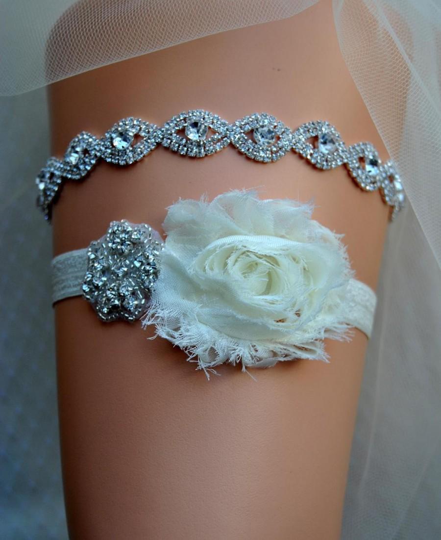 Wedding - Crystal Bridal Garter Set, Wedding Garter Set Ivory, Ivory Shabby Chic Rhinestone Garter, Crystal Rhinestone Garter and Toss Garter Set