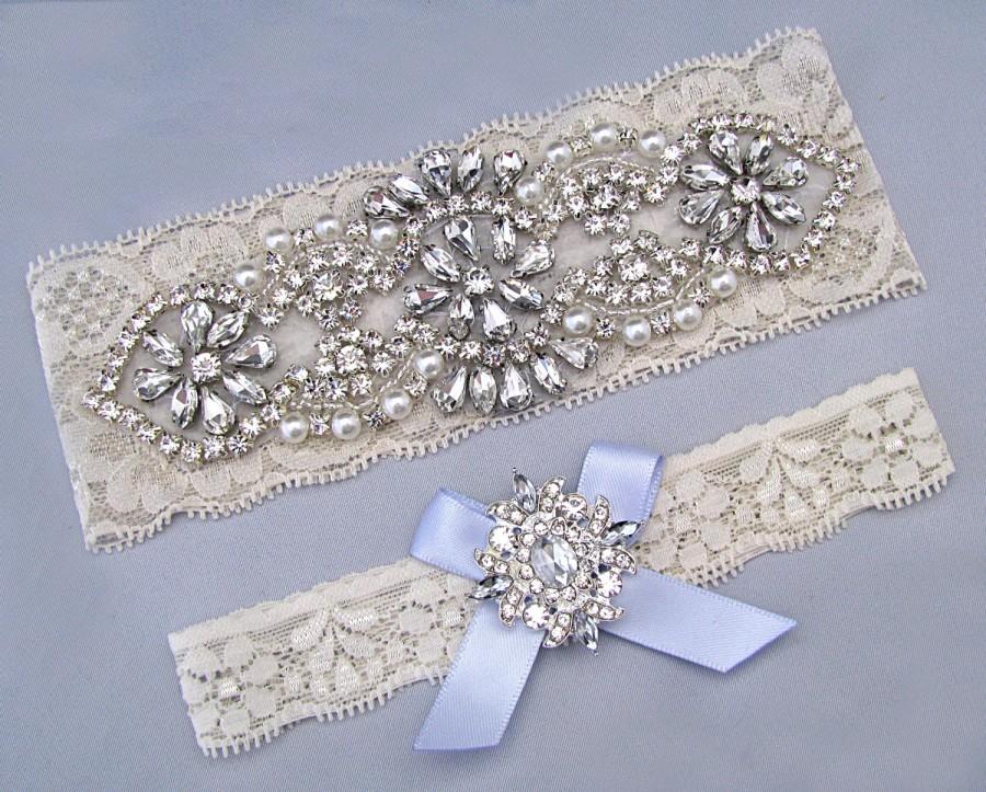 زفاف - Something Blue Wedding Garters, Ivory / White Lace Keepsake / Toss Bridal Garter Set, Pearl Crystal Rhinestone Custom Garter, Blue Garter