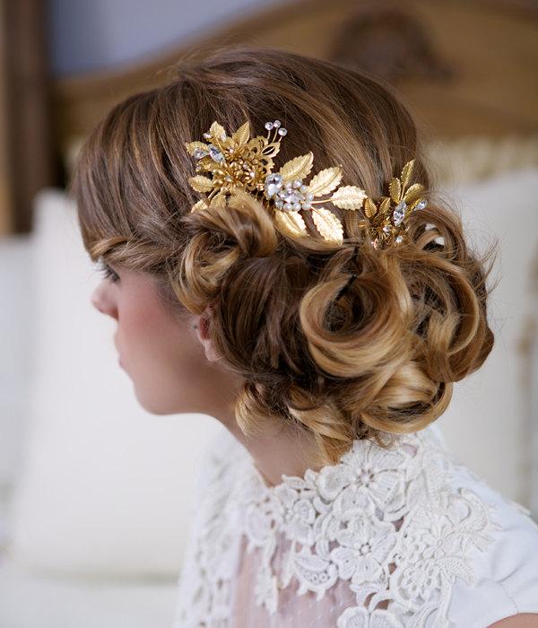 زفاف - Gold Hair Pin and Comb set, Wedding Flower Headpiece,Crystal Flower Bridal Hair Accessories, Gold Leaves Headpiece, Hair Vine, STYLE 105