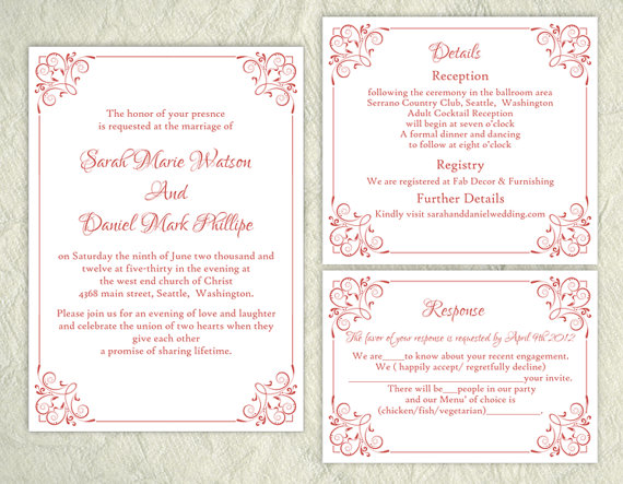 Hochzeit - DIY Wedding Invitation Template Set Editable Word File Instant Download Printable Invitation Wine Red Wedding Invitation Elegant Invitation