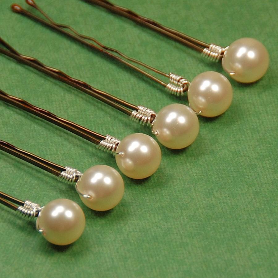Wedding - Ivory Pearl Bobby Pins, Bridal Pearl Hair Pin, Hair Accessory, Swarovski Pearl 10 mm Creamrose Light Pearl on Bronze Bobby Pins - Set of 6