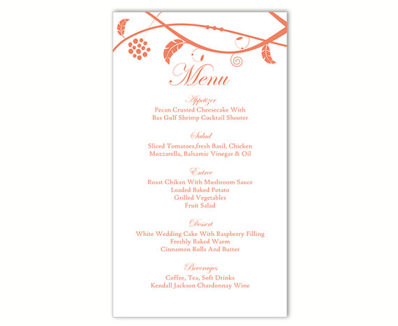 Wedding - Wedding Menu Template DIY Menu Card Template Editable Text Word File Instant Download Orange Menu Floral Menu Printable Menu 4x7inch