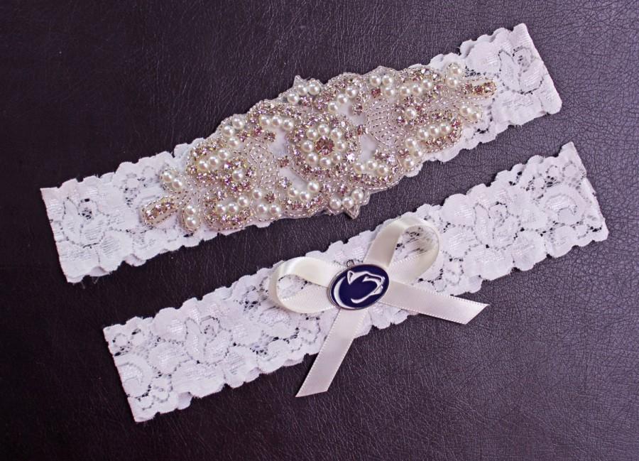Hochzeit - Penn State Wedding Garter Set, Penn State Garter, Penn State Bridal Garter Set, White Lace Wedding Garter, Nittany Lions Garter