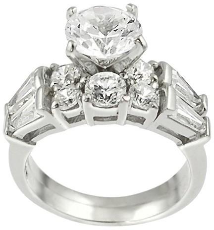 Hochzeit - Tressa Collection Sterling Silver Round Cut Cubic Zirconia with Tapered Baguettes Wedding Ring Set