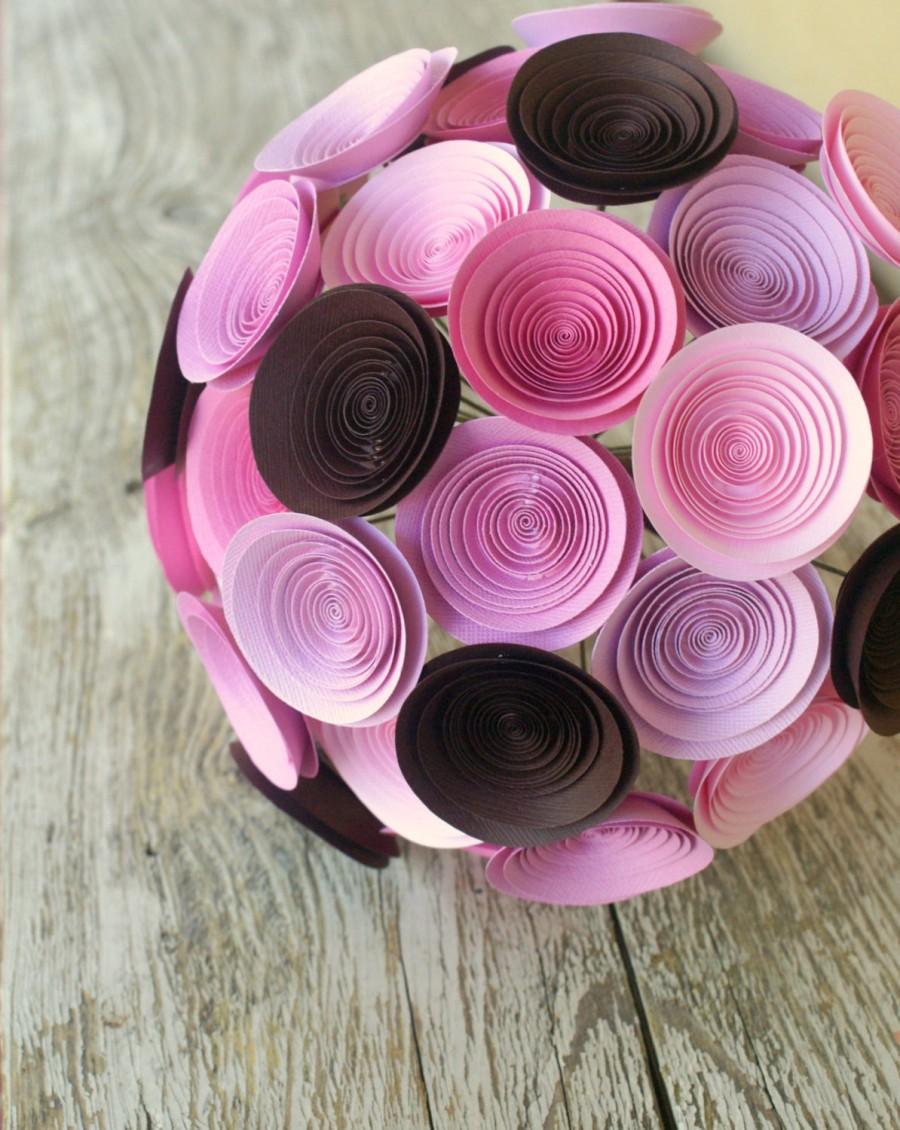Wedding - Pink and Brown Paper Flower Bridal Bouquet, Large Wedding Bouquet in Pinks and Chocolate Brown