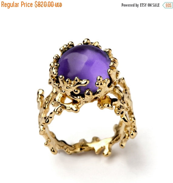 زفاف - Black Friday SALE - CORAL 14k Gold Amethyst Ring, Purple Amethyst Engagement Ring, Unique Engagement Ring, Amethyst Ring Gold, Organic Gold