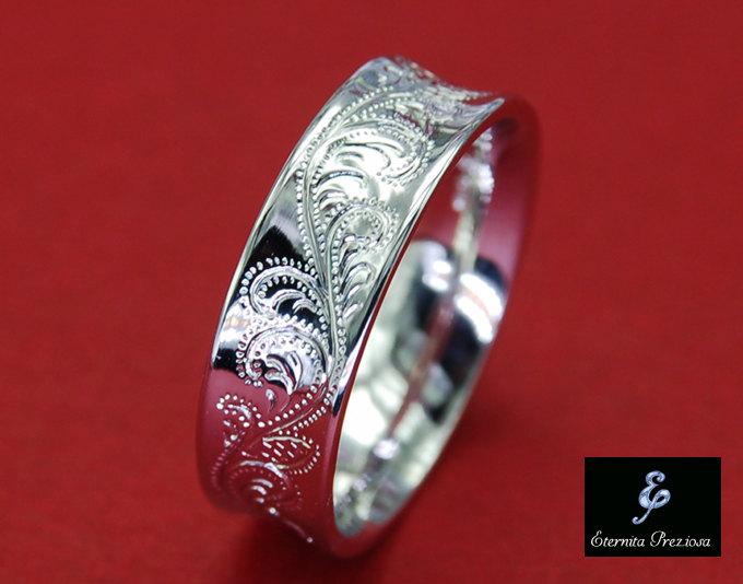 Wedding - 6mm Concave Sterling Silver Ring , Flower Ornate Hand engraved Ring , Comfort Fit , Antique engagement, Feminine, womens band ring 