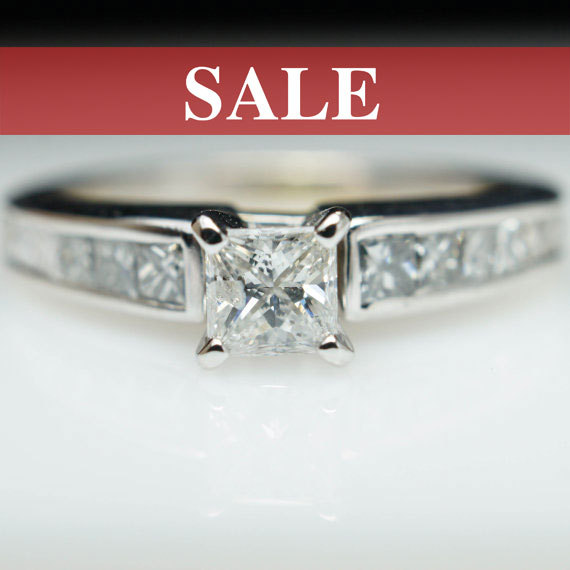 Wedding - SALE Vintage Diamond Engagement Ring Princess Cut Diamond Ring 14k White Gold All Natural Petite Bridal Ring