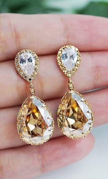 Hochzeit - Golden Shadow Swarovski Crystal Tear Drop Earrings