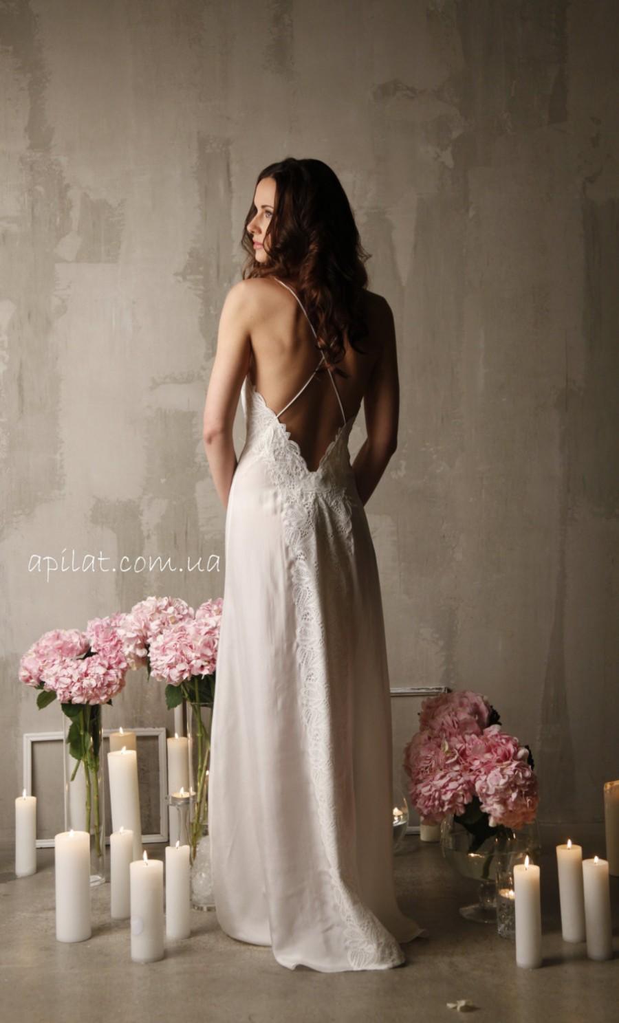 Hochzeit - Long Silk Bridal Nightgown With Open Back and Lace F12(Lingerie, Nightdress), Bridal Lingerie, Wedding Lingerie, Honeymoon, Christmas Gifts
