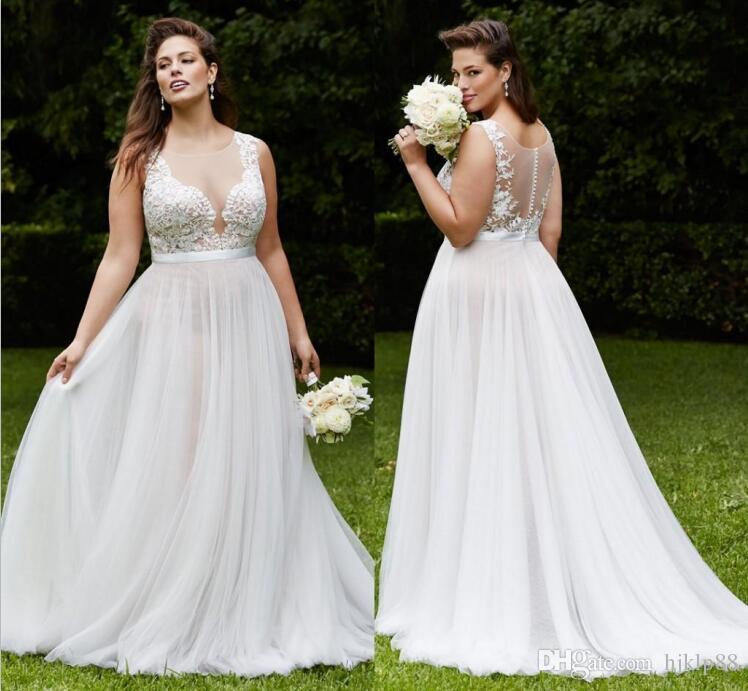Wedding - Elegant Plus Size Lace Wedding Dresses Vintage Beach Bridal Gowns with Sheer-Illusion Back 2015 A-Line Jewel Appliques Dresses for Wedding Online with $105.03/Piece on Hjklp88's Store 