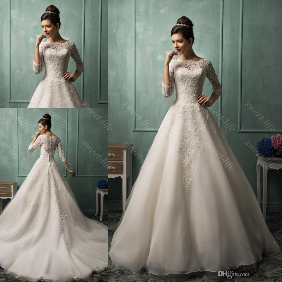 زفاف - 2015 Vintage Amelia Sposa Wedding Dresses Illusion Long Sleeve Bateau Sheer Neck Lace Plus Size Bridal Dresses Covered Button Custom Made Online with $123.72/Piece on Hjklp88's Store 