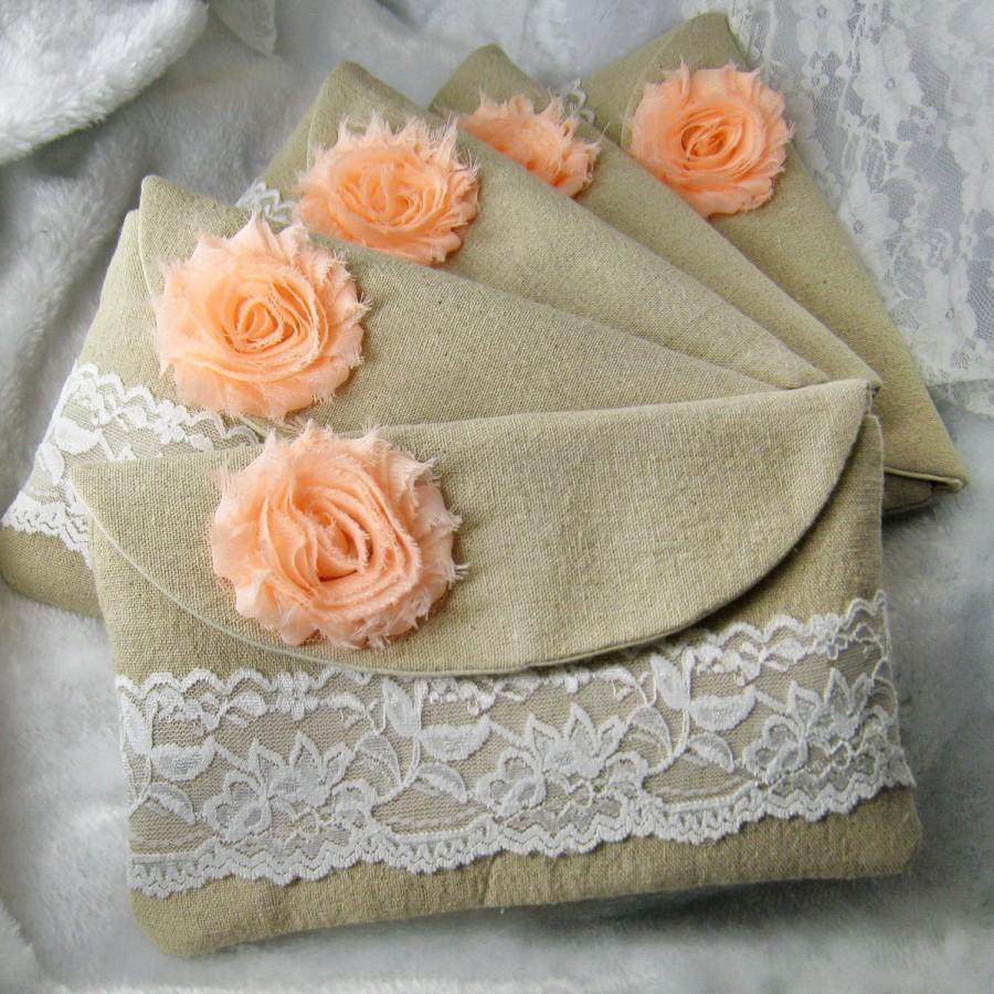 Свадьба - Set of 5 - bridesmaids clutches, cotton linen lace clutches, wedding purse bags (Ref: CL888) CHOOSE Your Color Flower