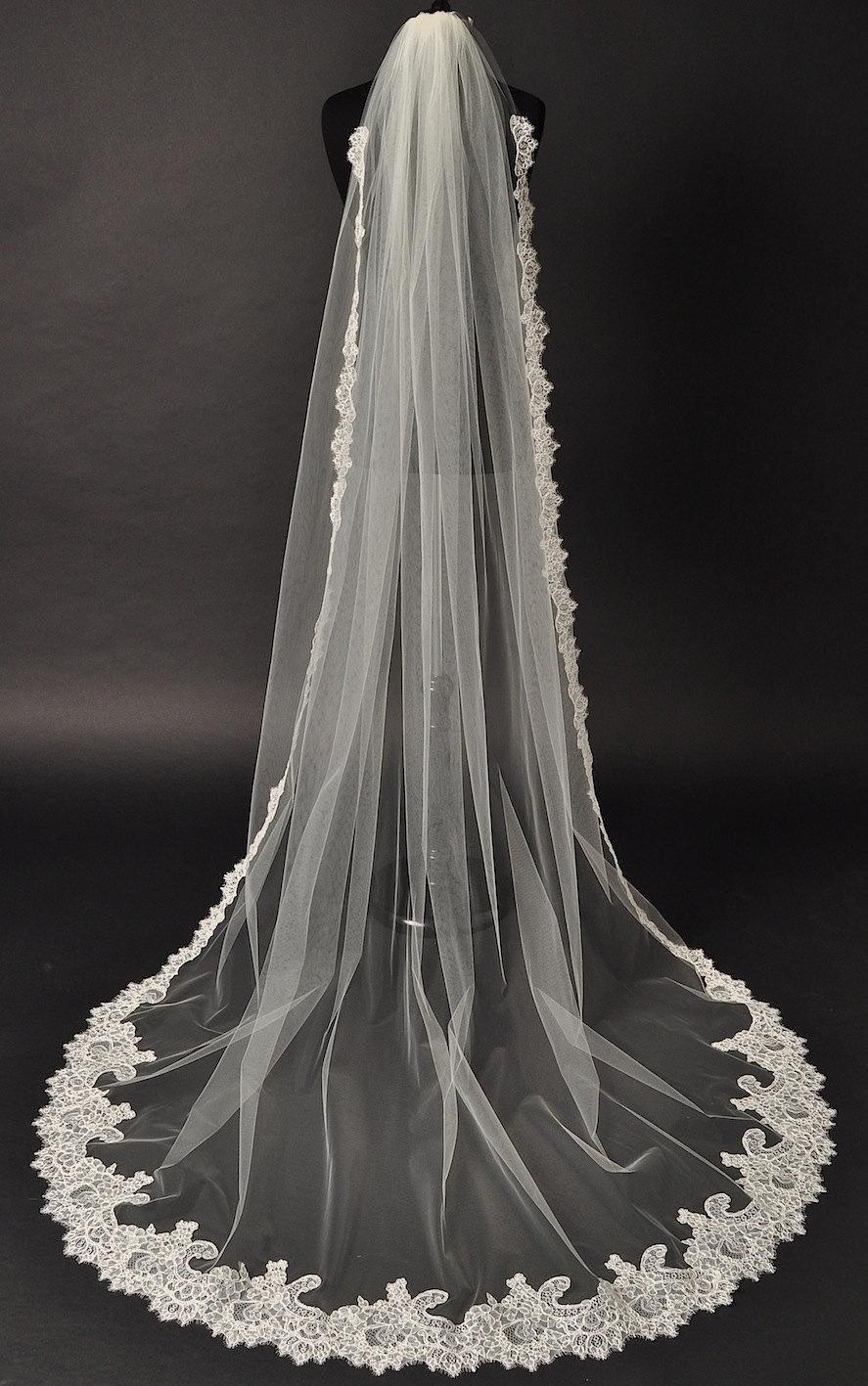 Свадьба - Cathedral Lace Veil, Alencon lace bridal veil, couture bridal veil, Chapel veil, wedding veil, single layer veil, ivory veil, diamond veil.