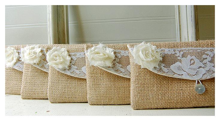 زفاف - Ivory Lace Bridesmaid Clutch, Rustic Wedding, Linen and Lace Clutches Set of 7 Personalized Bridesmaid Gift Idea Clutch Country Wedding