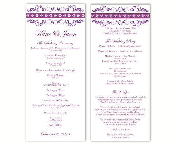 Свадьба - Wedding Program Template DIY Editable Text Word File Instant Download Program Purple Wedding Program Floral Program Printable Program 4x9.25