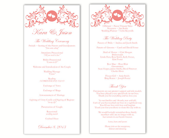 Mariage - Wedding Program Template DIY Editable Text Word File Instant Download Program Red Program Heart Program Printable Wedding Program 4x9.25