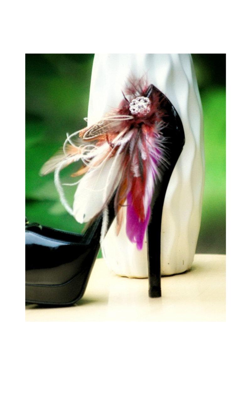 Mariage - Shoe Clips Set Ivory Brown Burnt Orange Feathers Rhinestone. Bride Bridal Bridesmaid, Feminine Couture Birthday, Statement Boudoir Burlesque