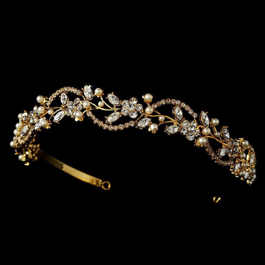 Wedding - Gold Champagne Swarovski Crystal and Freshwater Pearl Bridal Tiara Crown Headband Floral Flower Rhinestone Wedding crown Halo