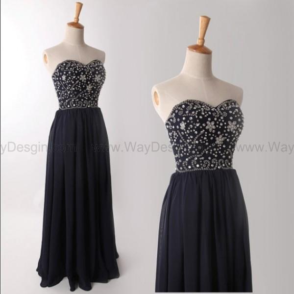 Mariage - Navy Blue Chiffon Bridesmaid Dress Prom Dress Beading Dress Strapless Sweetheart Dress