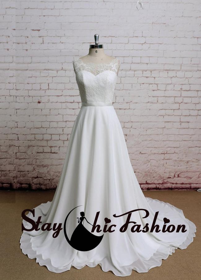 زفاف - Illusion Lace Appliqued Scoop Neck Buttons Back A Line Mermaid Wedding Bridal Dress