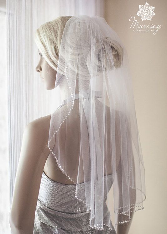 زفاف - 1layer Or 2 Layers Beaded Edging Wedding Veil, Sparkle White, Ivory, White, Bridal Veils, Italian Illusion Tulle