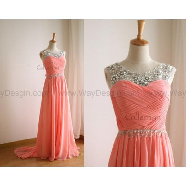 Wedding - Coral Pink Chiffon Simple Wedding Dress/Bridesmaid Dress/Prom Dress V Back Sheer Beading Neckline