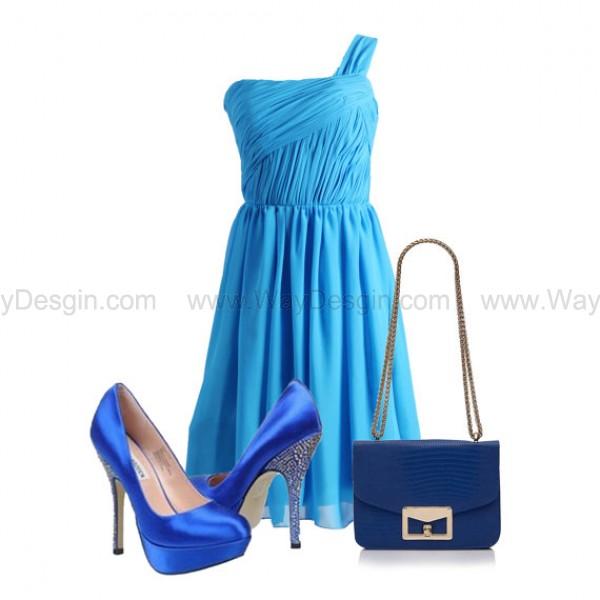 Wedding - Ocean Blue One Shoulder Chiffon Bridesmaid Dress/Prom Dress Knee Length Short Dress