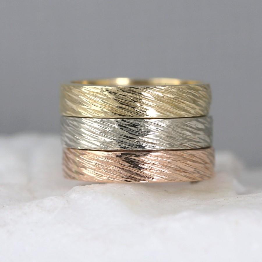 Wedding - Hammered Bark Texture 4mm 14K Gold Wedding Band - Pink Yellow or White Gold  - Mens Band - Commitment Rings - Mens Wedding Ring