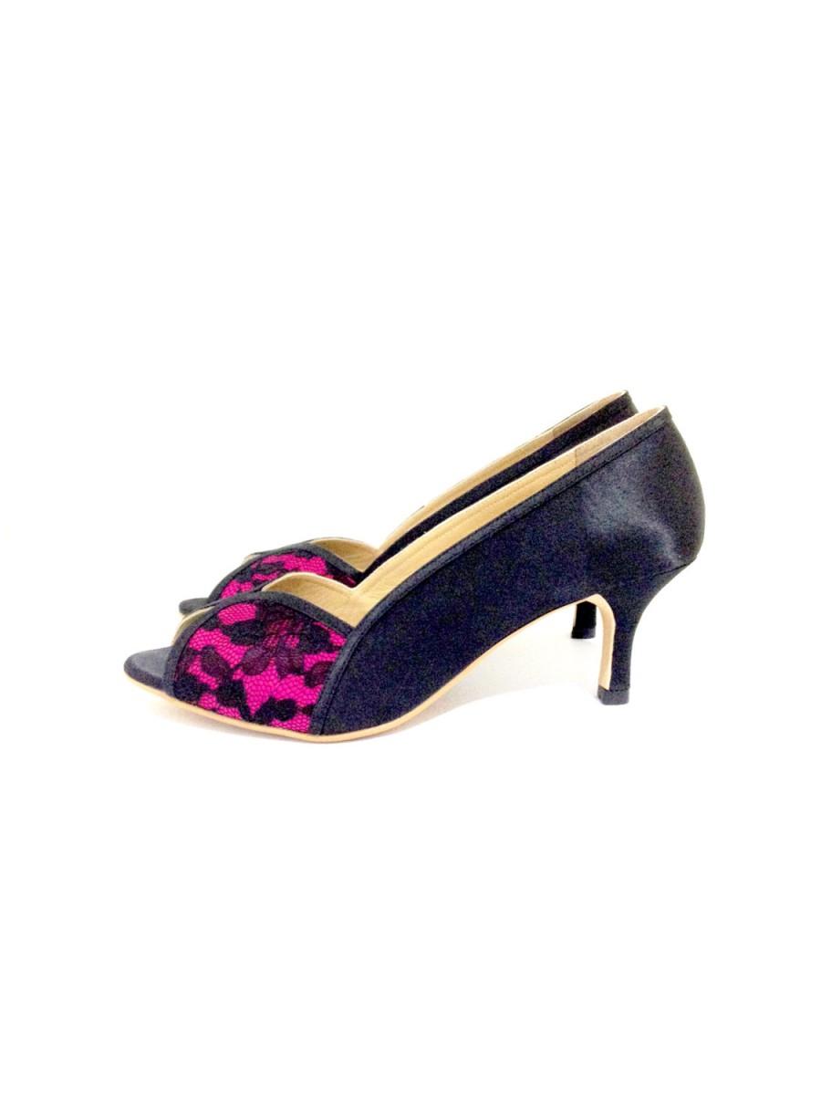 زفاف - Black and Fuchsia Lace Wedding Shoes, Black and Pink Lace Bridal Shoes, Black Lace Bridesmaid Shoes, Black Pink Lace Heels (Made To Order)