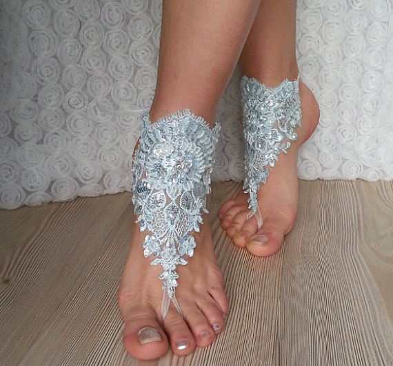 زفاف - Light blue Beach wedding barefoot sandals