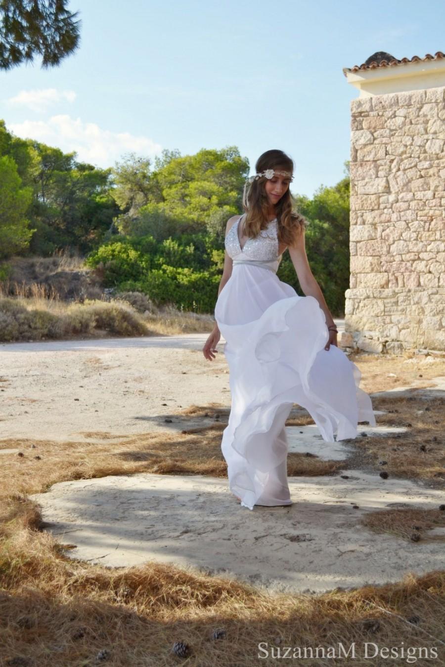 Hochzeit - White Chiffon Long Wedding Dress Grecian Long Gown Wedding Gown - Handmade Grecian Gown With Stripes