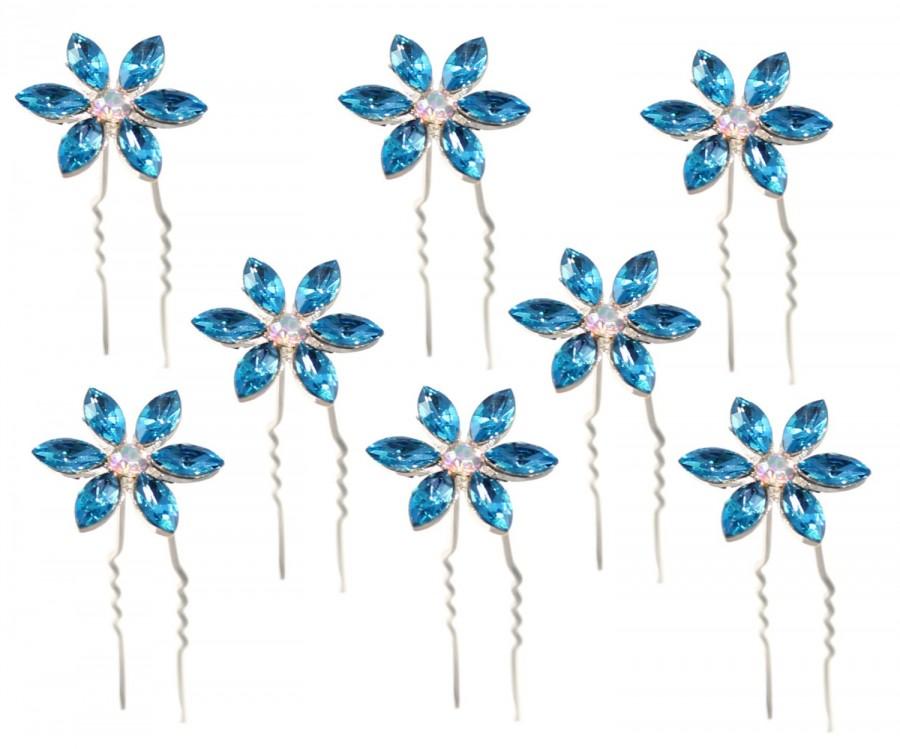 Mariage - Blue Rhinestone Flower Bridal Wedding Hair Pin with Crystal Center (Pack of 8)