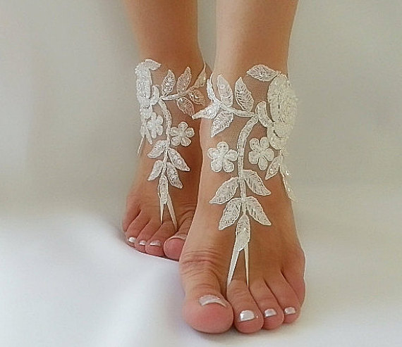 Mariage - ivory Barefoot silver frame , french lace sandals, wedding anklet, Beach wedding barefoot sandals, embroidered sandals.