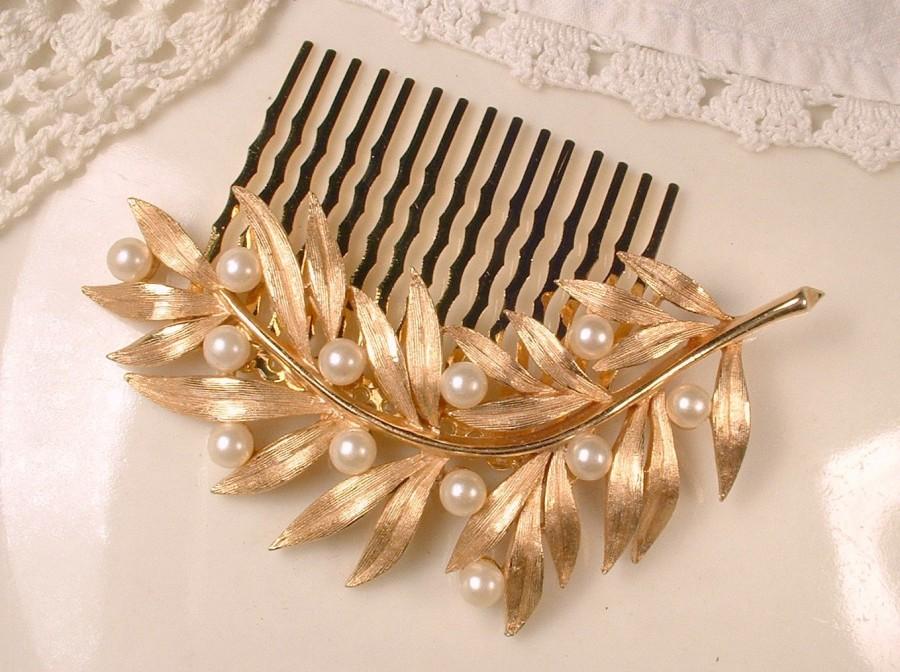 Wedding - Trifari Pearl Brushed Gold Leaf Wedding Hair Comb, Rose Gold Large Bridal Headpiece, Vintage Modern Hairpiece, Rustic Garden 1960s Retro
