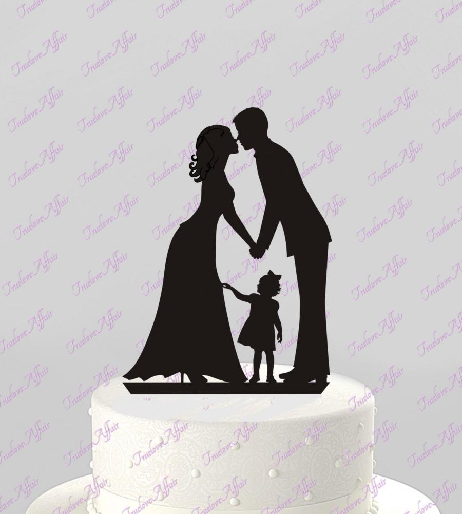 Wedding - Wedding Cake Topper Silhouette Groom and Bride with little Girl, Kiss - Family Acrylic Cake Topper [CT60g]