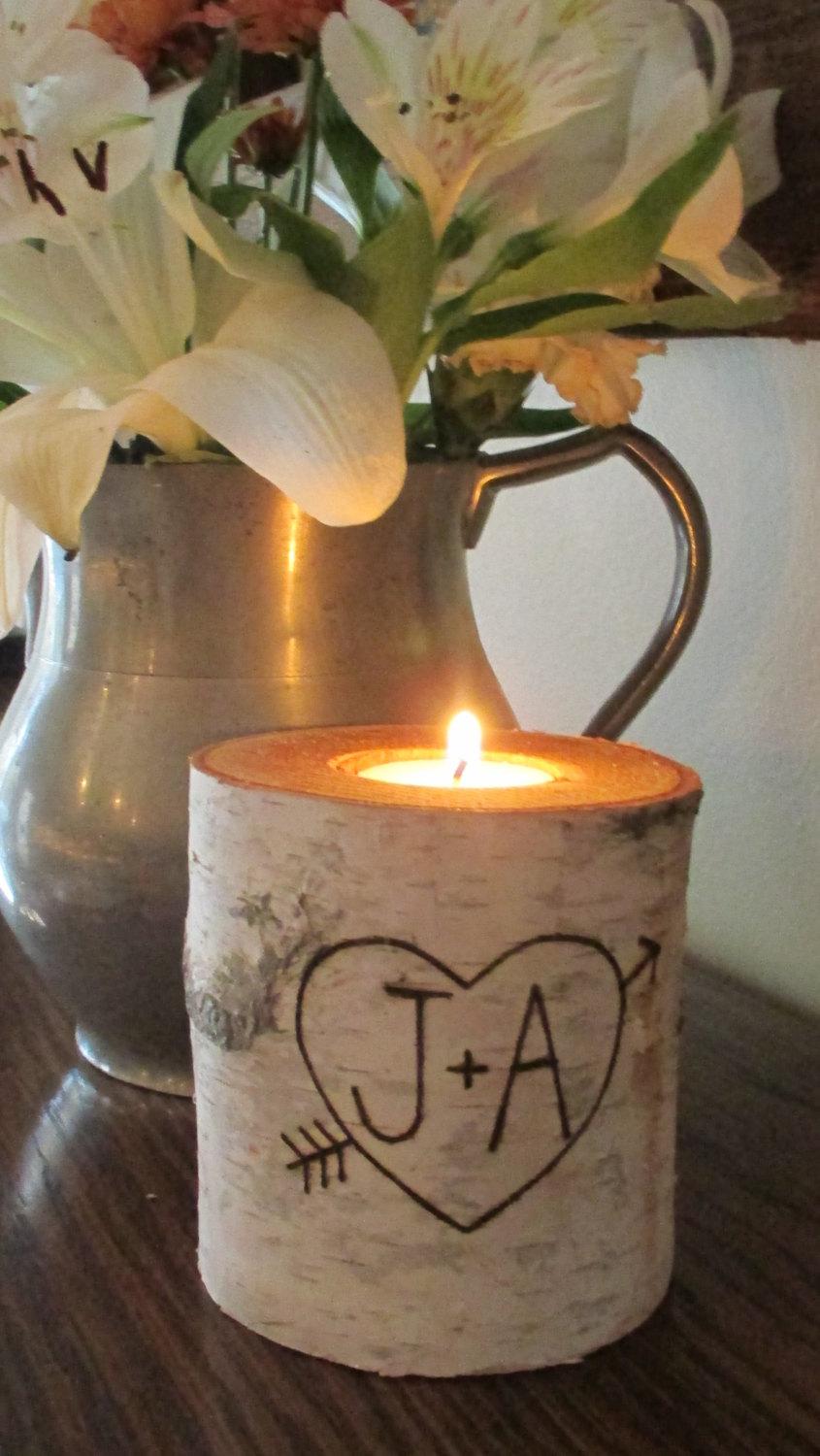 Свадьба - Personalized Birch Candle 4" Tall  Wedding Decor  Bridal Showers  Centerpiece Reception Table
